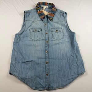 Life in Progress Sleeveless Denim Shirt Light Wash Woven Pattern Collar Small